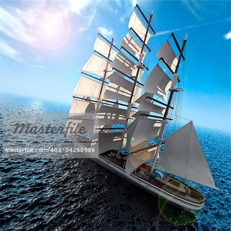 Sailing ship in the vast ocean with small waves is getting all the sails filled with sea breeze