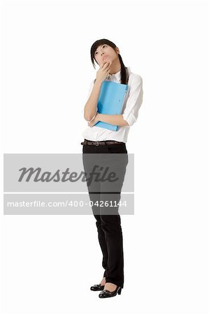 Asian business woman thinking and standing over white background.