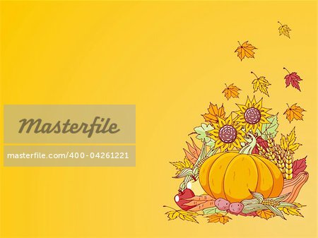 Harvested fruits and vegetables with fall leaves background