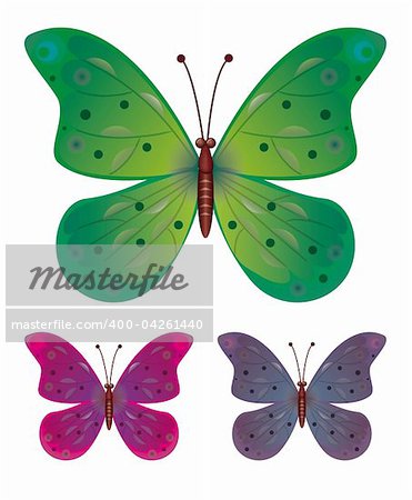 A collection of three butterflies. Vector EPS10. Vector art in Adobe illustrator EPS format, compressed in a zip file. The different graphics are all on separate layers so they can easily be moved or edited individually. The document can be scaled to any size without loss of quality.