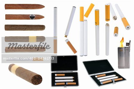 Assortment of tobacco products electronic cigarette and lighter isolated on white background