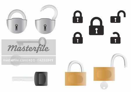 Locks and keys, opened and closed isolated on the white background