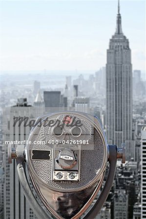 Photo of binoculars pointed at downtown Manhattan.