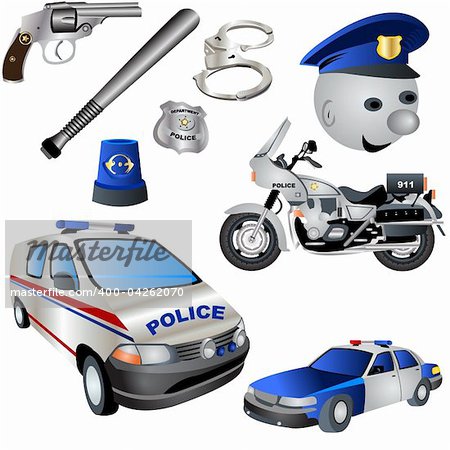 Vector illustration Set of nine colored police icons.