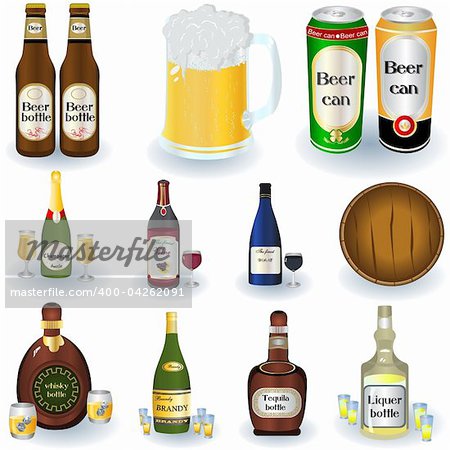 Vector illustrated set of different alcohol beverages with a barrel and bottles.