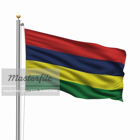 Flag of Mauritius with flag pole waving in the wind over white background