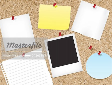 Various items pinned to a cork bulletin board.vector illustration