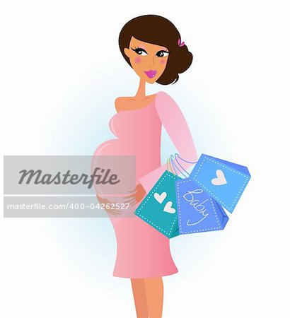 A stylish pregnant woman shops for her new baby. Vector Illustation.