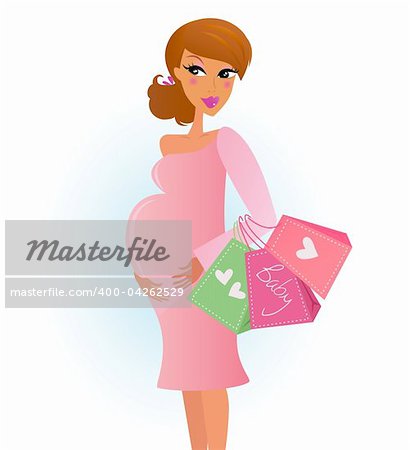 Eine stilvolle schwangere Frau in rosa Shops für ihr neues Baby. Vektor-Illustration.