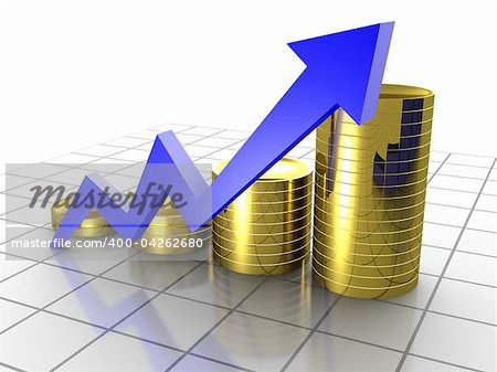 Business Graph, 3d rendered conceptual arrow and coin chart on grid