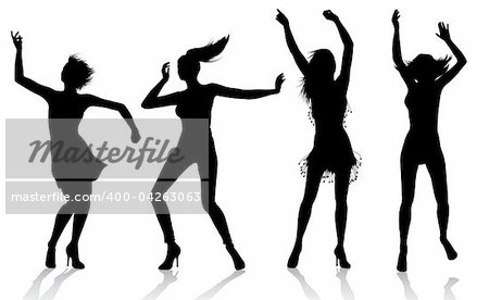 Vector silhouettes of girls dancing isolated on white background