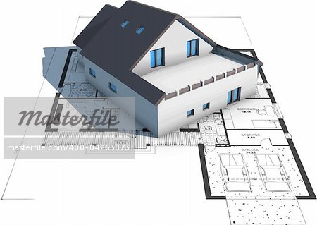 Vector of a house on top of architecture blueprints