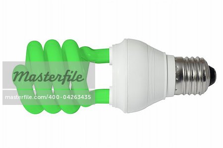 Green energy saving fluorescent light bulb (CFL). Isolated on white background with clipping path. Energy saving lighting concept.