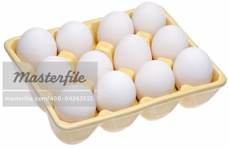 Dozen eggs in a fun open yellow cartion.  Great food, spring or Easter image.  Isolated on white with a clipping path.