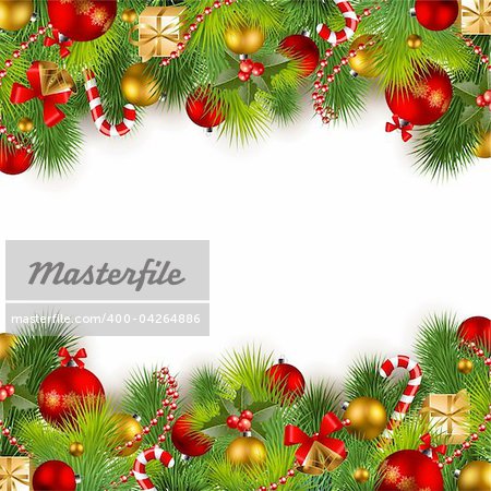 christmas background with red and golden baubles and christmas tree
