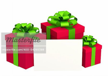 Christmas gifts and message card. Objects isolated over white