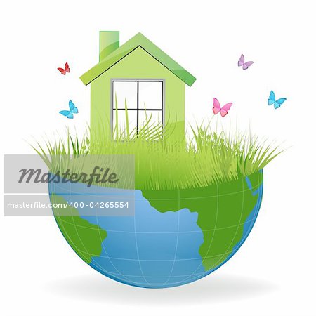 illustration of green house on half earth with colorful butterflies