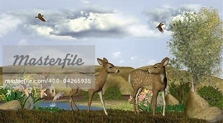 two deer find fun and frolic and meet new creatures in there unexplored territory