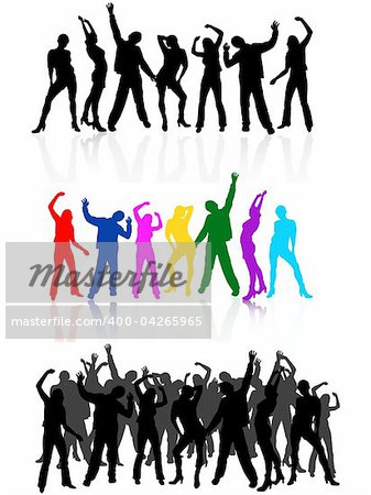 vector eps 10 illustration from different groups of dancing people silhouettes