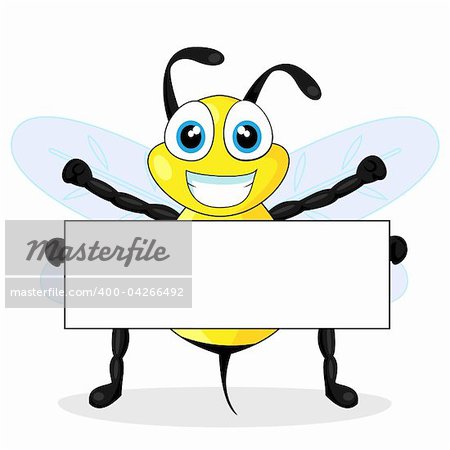 vector illustration of a cute bee holding blank sign. No gradient.