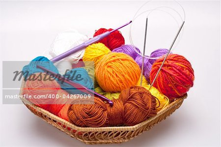basket with thread and balls for knitting as a background