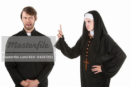A young Catholic priest and nun bursting in laughter