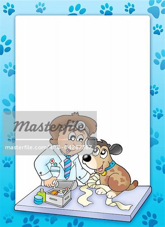Frame with sick dog at veterinarian - color illustration.