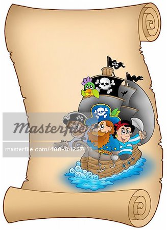 Scroll with sailboat and pirates - color illustration.