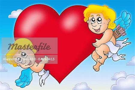 Two Cupids holding heart on sky - color illustration.