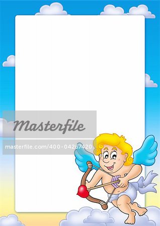 Valentine frame with happy Cupid 2 - color illustration.