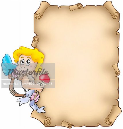 Valentine parchment with Cupid - color illustration.