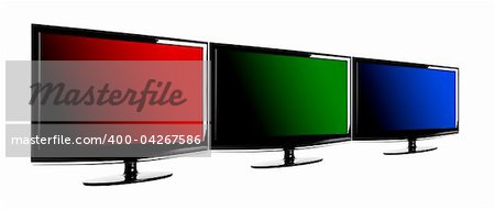 Three lcd TV's showing the RGB colors; red, green and blue.