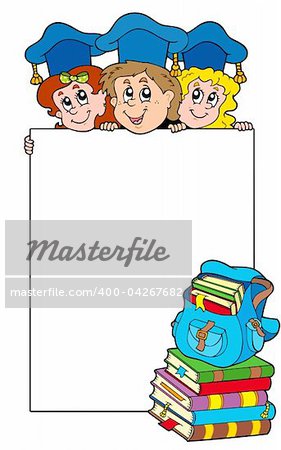 Blank frame with graduating kids - vector illustration.