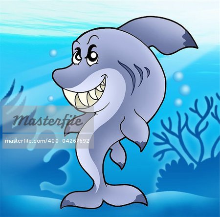 Cute funny shark in sea - color illustration.