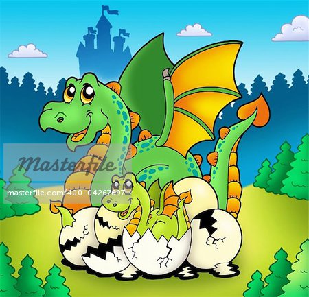 Dragon mom with baby in forest - color illustration.