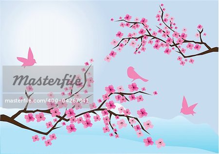 vector illustration of cherry blossom with birds and mountains at the background