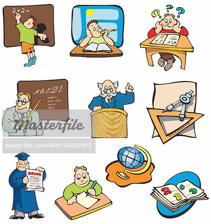 Collection of education cartoon pictures, students, teachers and objects, vector illustration