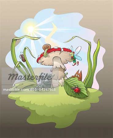 Magic scene with troll playing the flute under the big mushroom, surrounded by enchanted forest little inhabitants, vector illustration