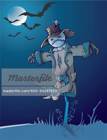 Evil scarecrow under the moon, night scene, cartoon vector illustration