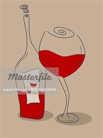 Abstract picture of wine bottle and glass on brown background
