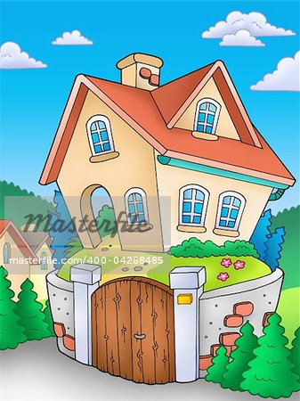 Family house on countryside - color illustration.