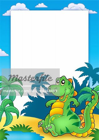 Frame with cute sitting dinosaur - color illustration.