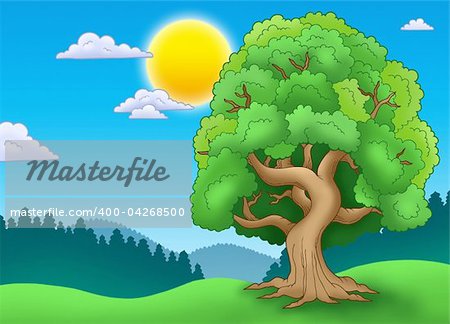 Green leafy tree in landscape - color illustration.