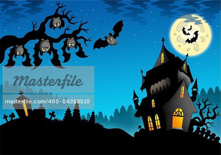 Halloween landscape with mansion - color illustration.