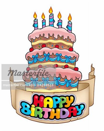 Happy birthday theme with tall cake - color illustration.
