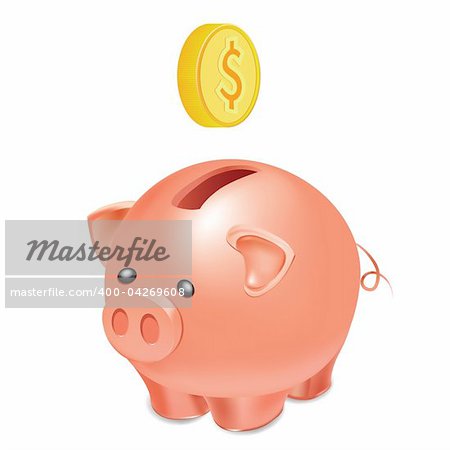 Button like piggy bank with falling gold coin, vector illustration