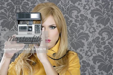 fashion photographer retro camera reporter woman vintage wallpaper yellow coat