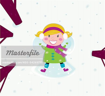 Happy christmas girl in winter nature making angel. Vector cartoon illustration.