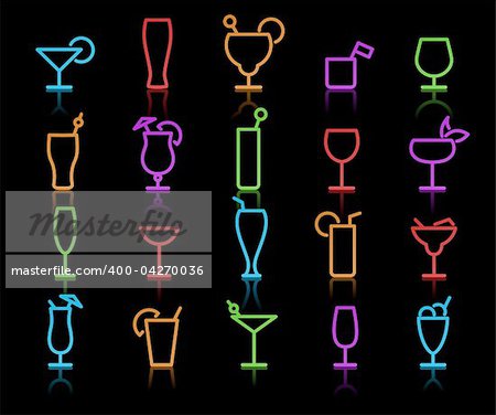 Illustration vectorielle de couleur verres d'alcool d'origine néon avec différents styles