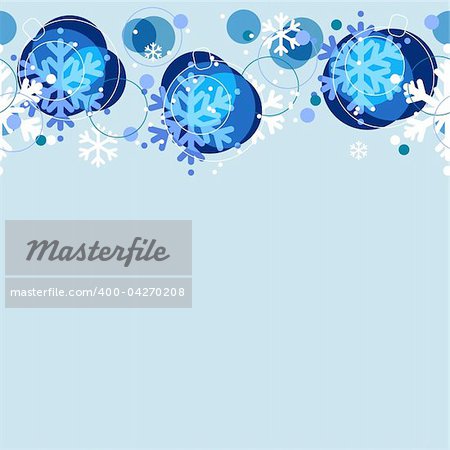 Seamless christmas pattern with blue balls and white snowflakes